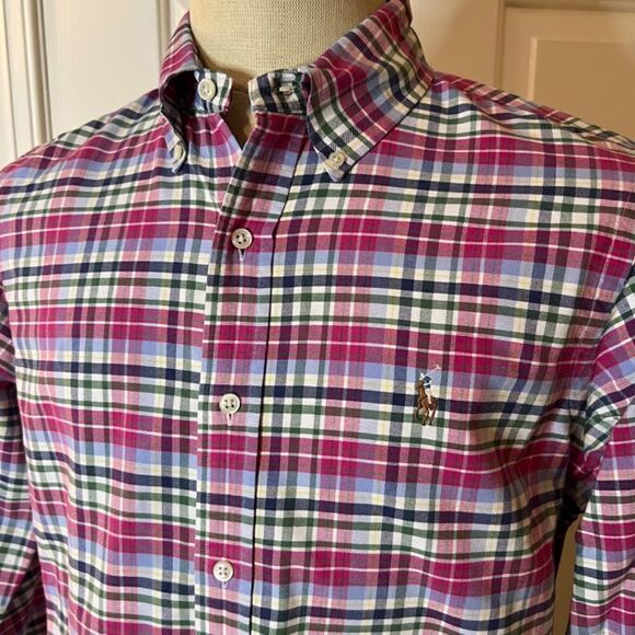 EUC Men's Ralph Lauren Pink Blue Green Plaid Button Down Oxford Shirt Sz MEDIUM - Picture 2 of 3